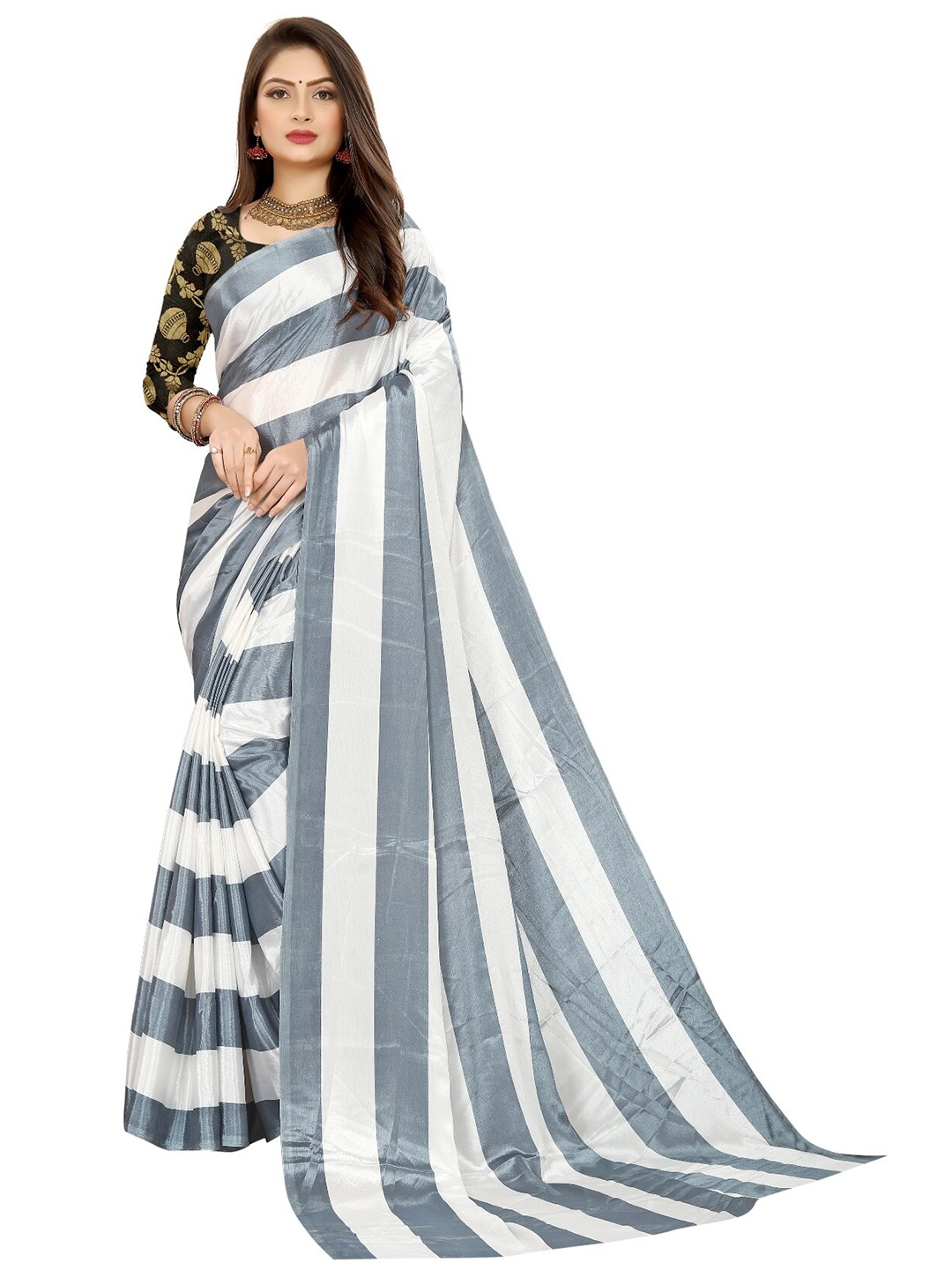 

LAHEJA Grey & White Striped Ploy Silk Saree