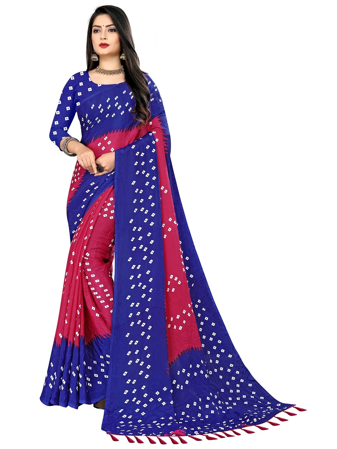 

LAHEJA Pink & Blue Bandhani Printed Saree
