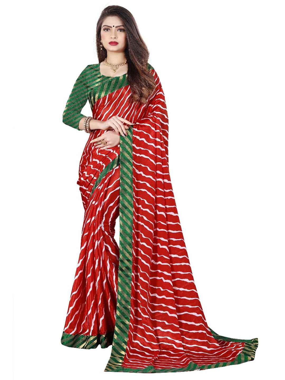 

LAHEJA Red & Green Leheriya Printed Saree