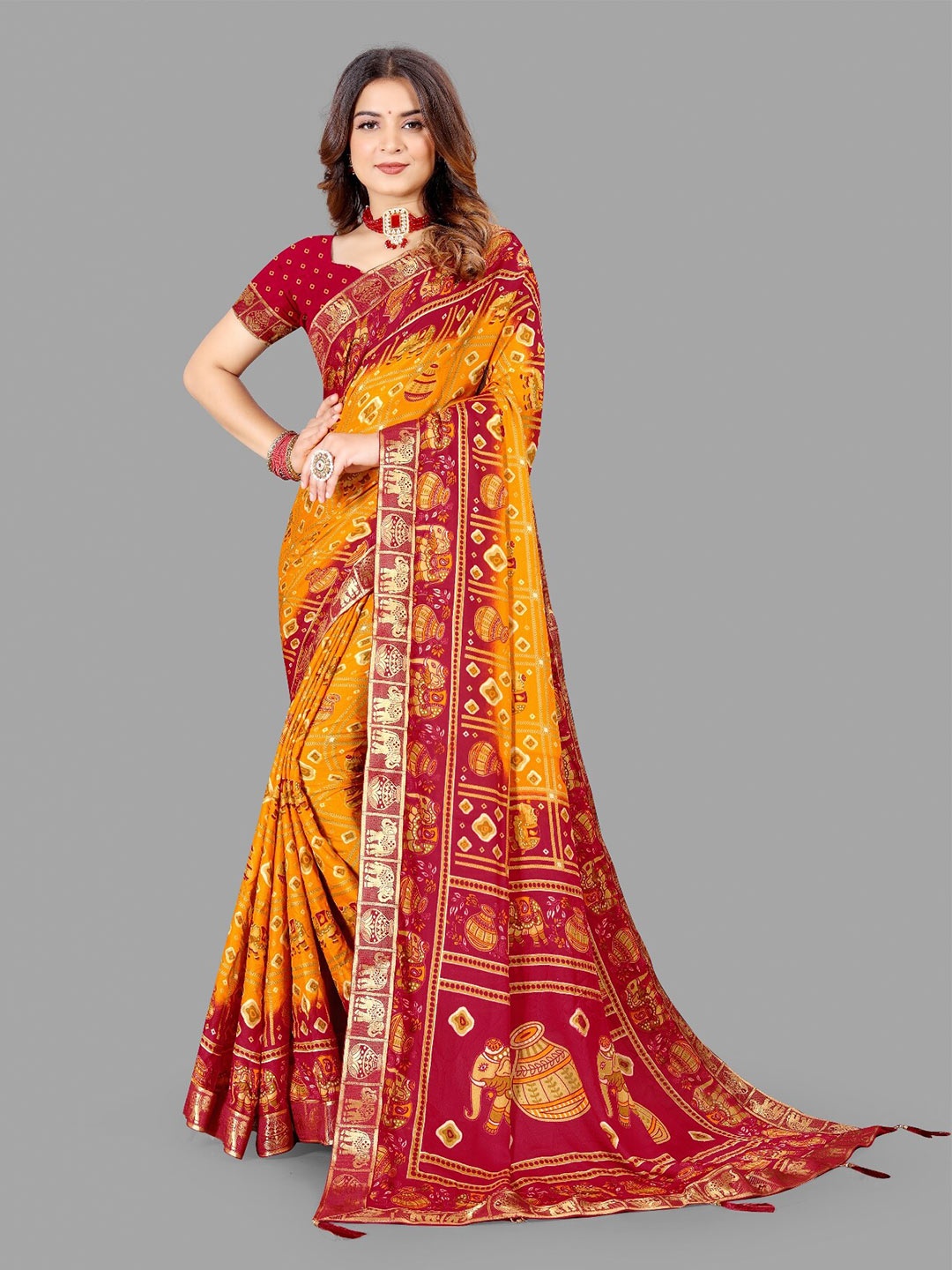 

LAHEJA Orange & Red Ethnic Motifs Printed Saree