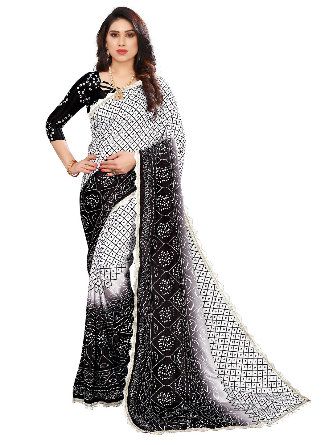 

LAHEJA White & Black Bandhani Printed Ploy Silk Saree
