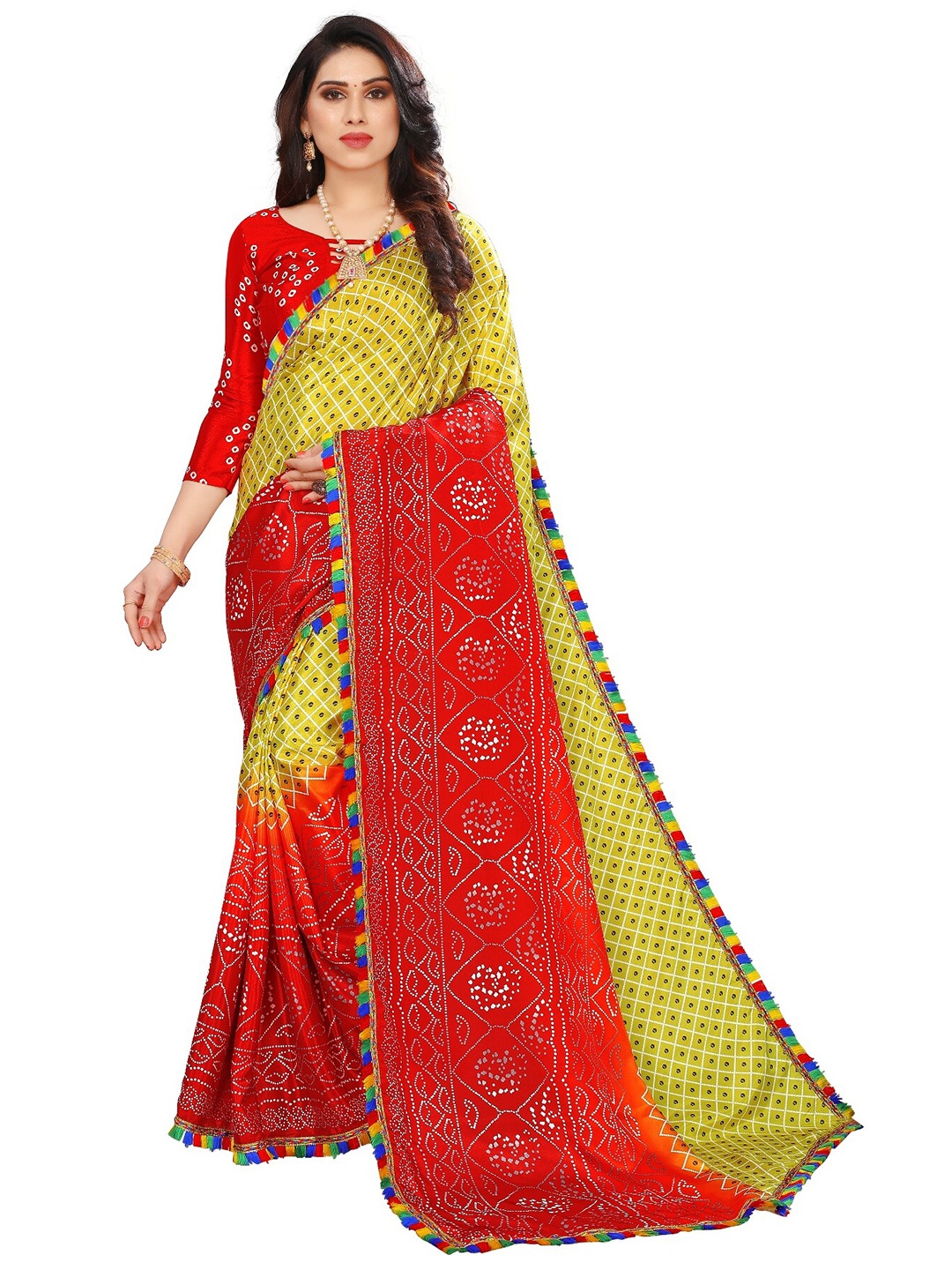 

LAHEJA Orange & Red Bandhani Saree