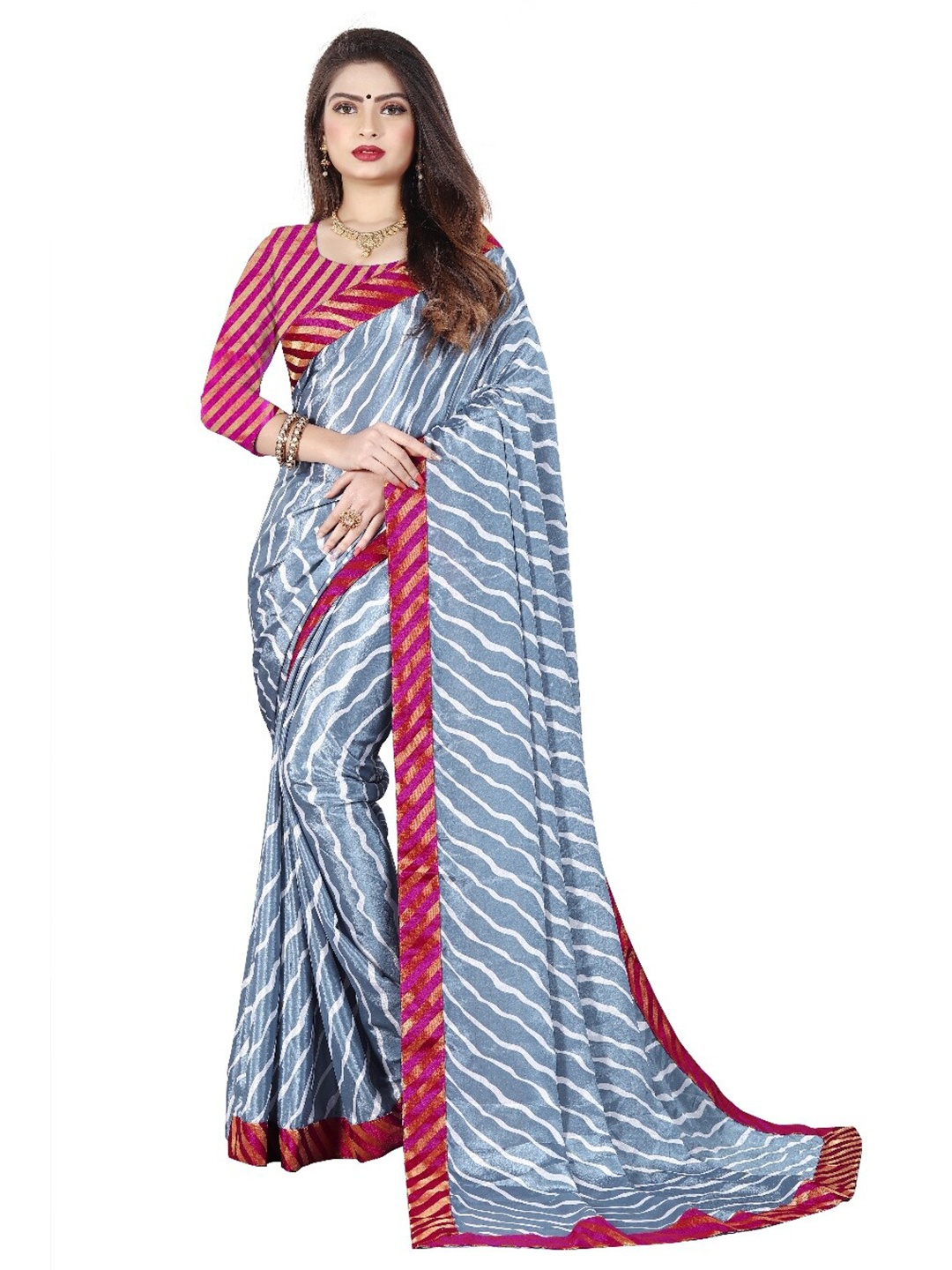 

LAHEJA Grey & Magenta Leheriya Zari Saree