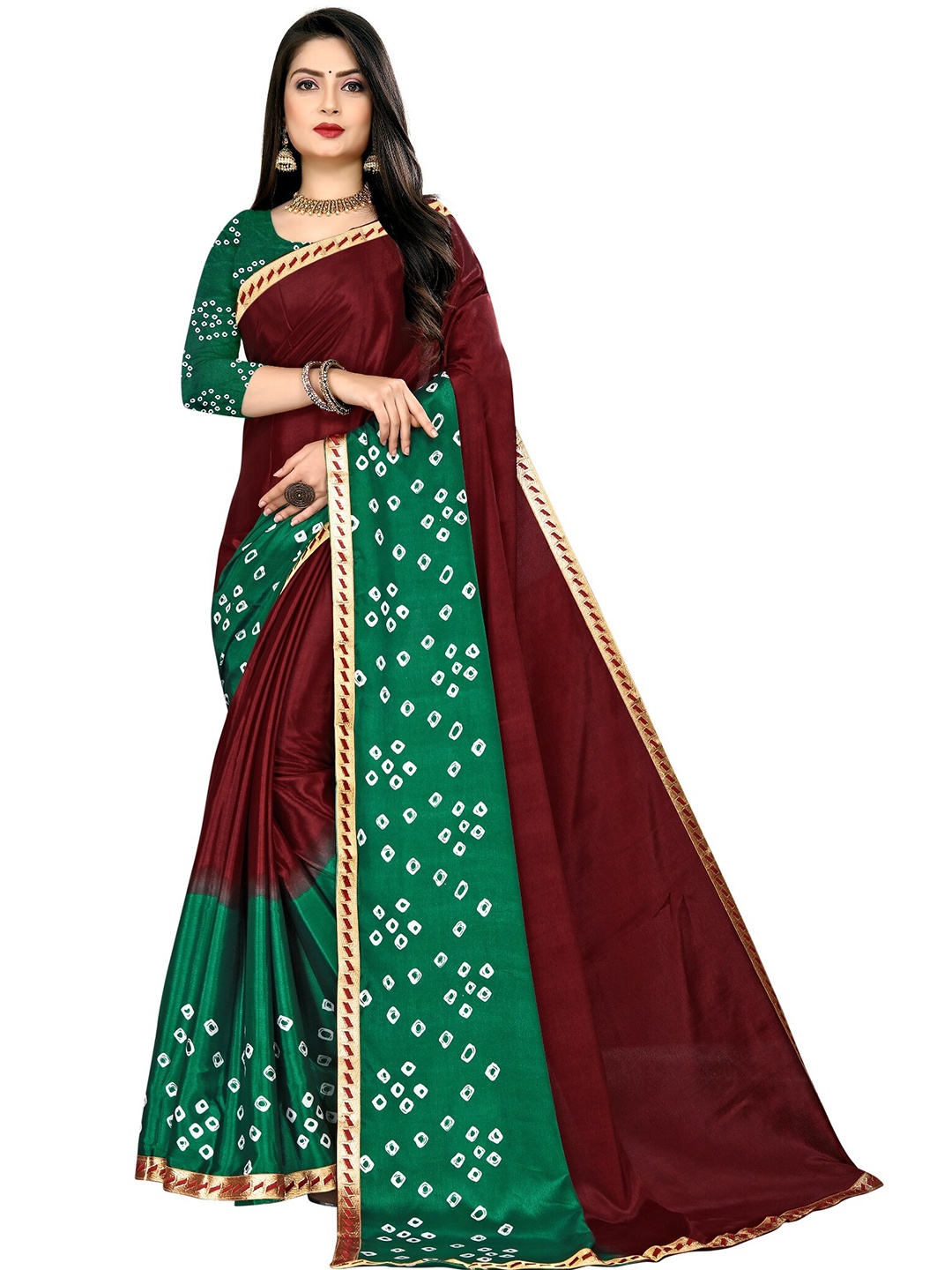 

LAHEJA Maroon & Green Bandhani Saree