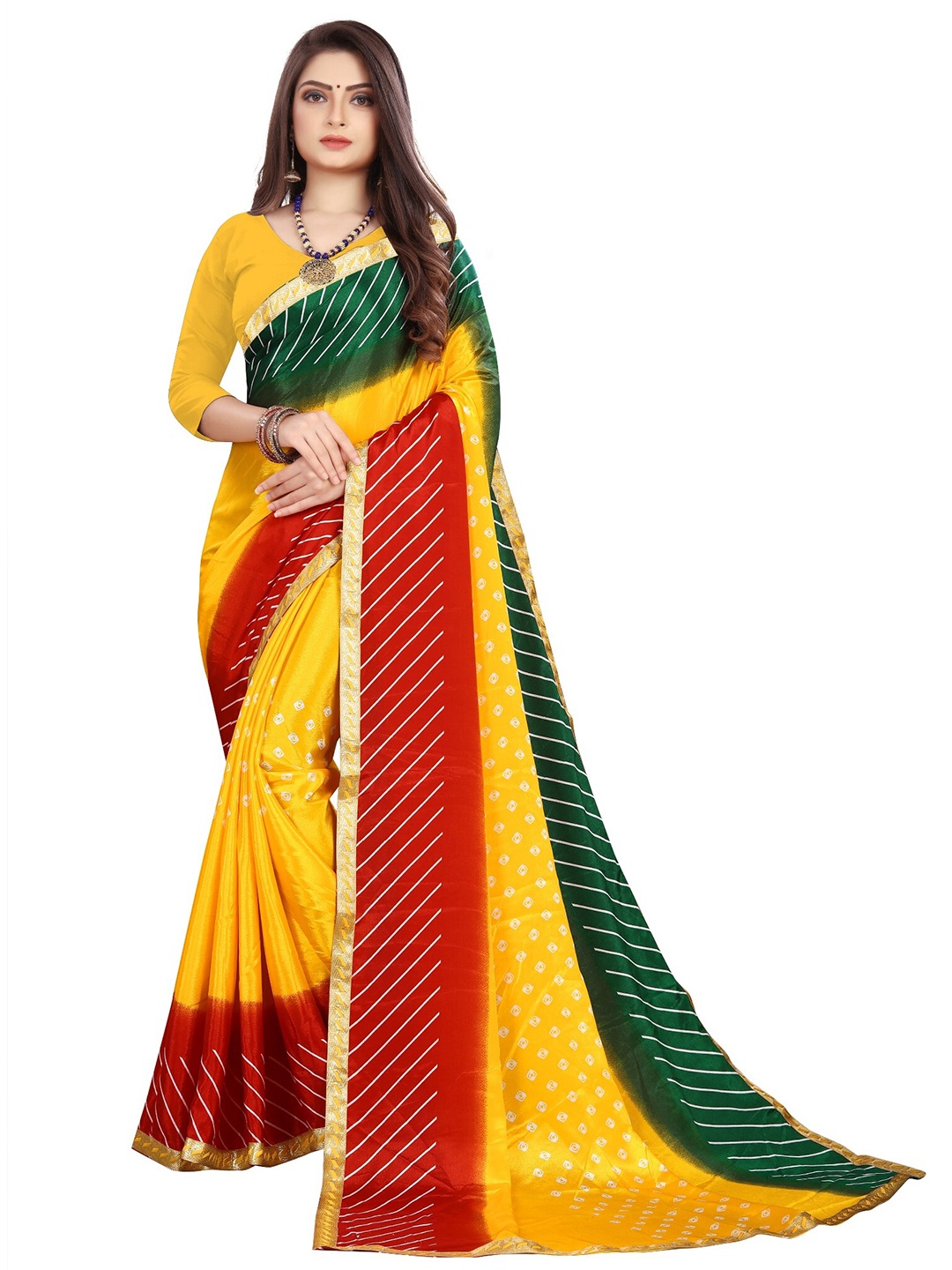 

LAHEJA Yellow & Red Bandhani Printed Ploy Silk Saree