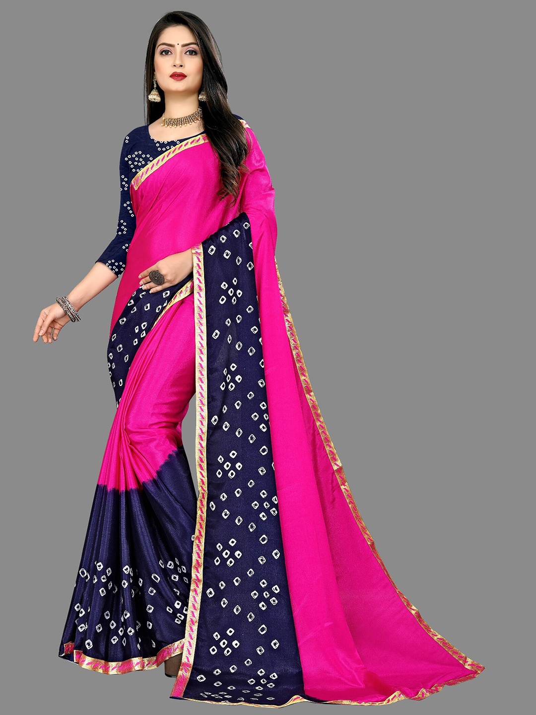 

LAHEJA Pink & Navy Blue Bandhani Printed Ploy Silk Saree