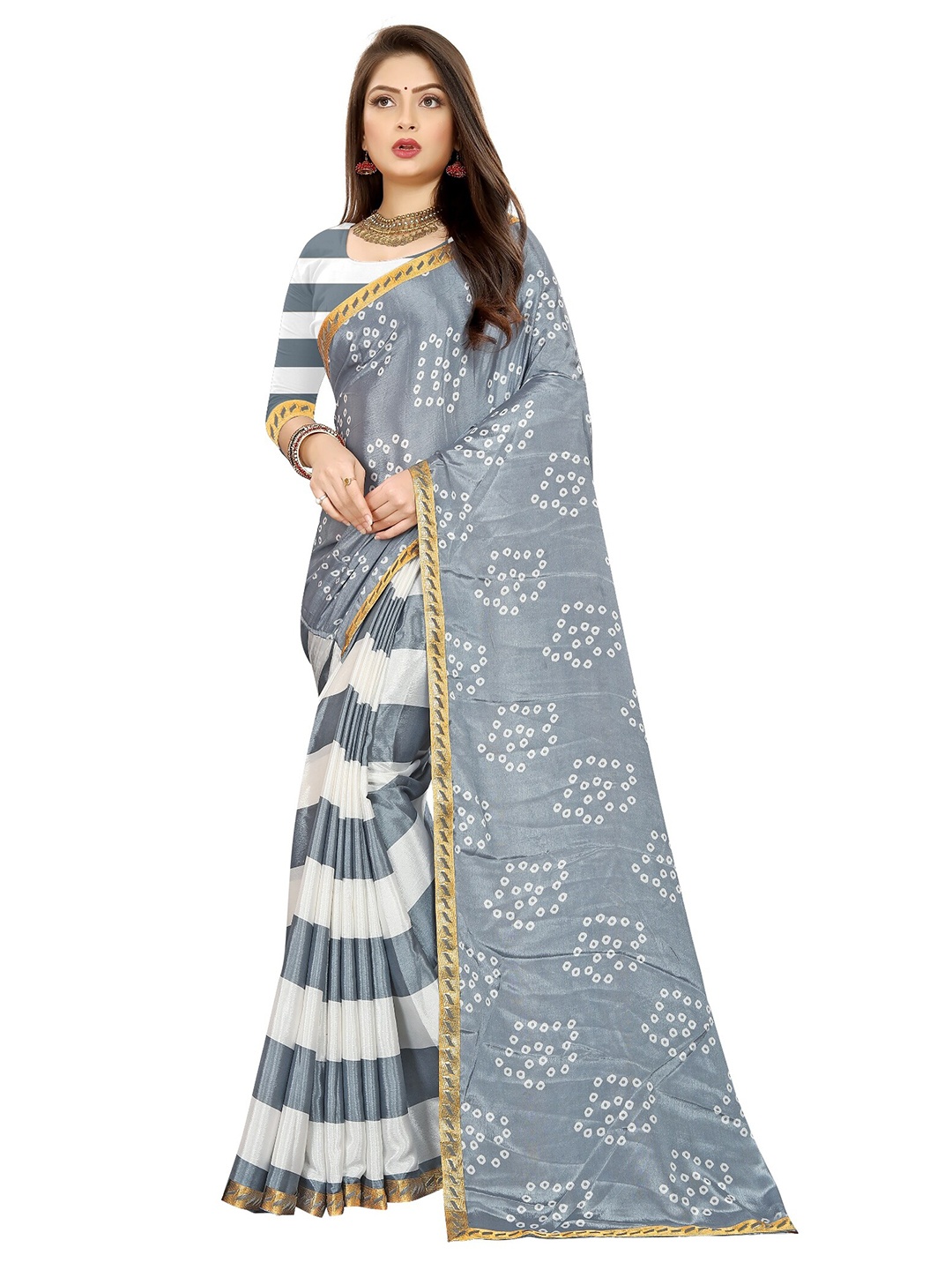 

LAHEJA Grey & White Bandhani Saree