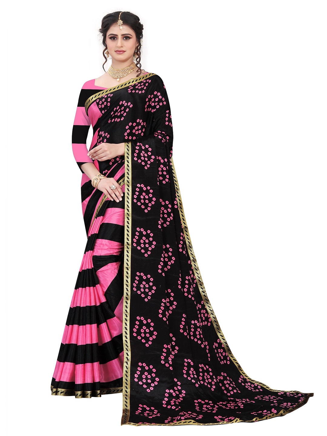 

LAHEJA Pink & Black Bandhani Printed Ploy Silk Saree