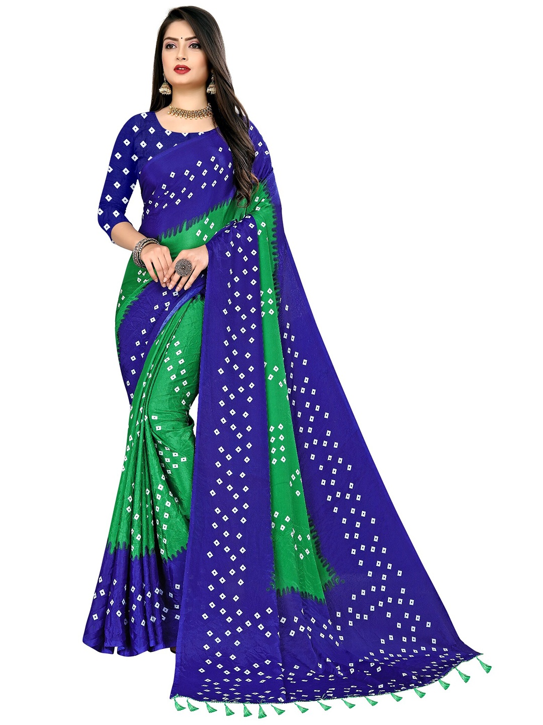 

LAHEJA Green & Navy Blue Bandhani Printed Ploy Silk Saree