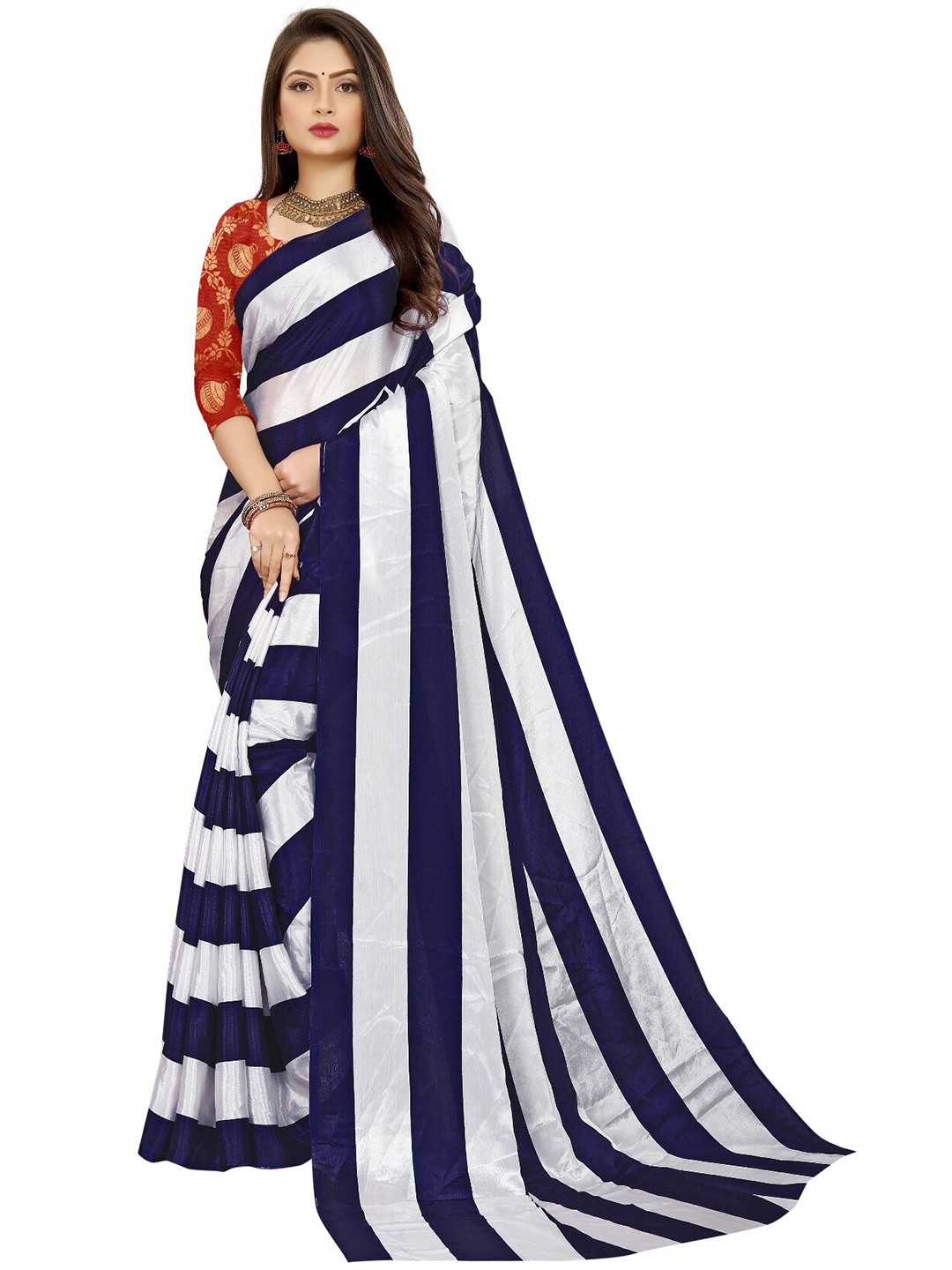 

LAHEJA Blue & White Striped Saree