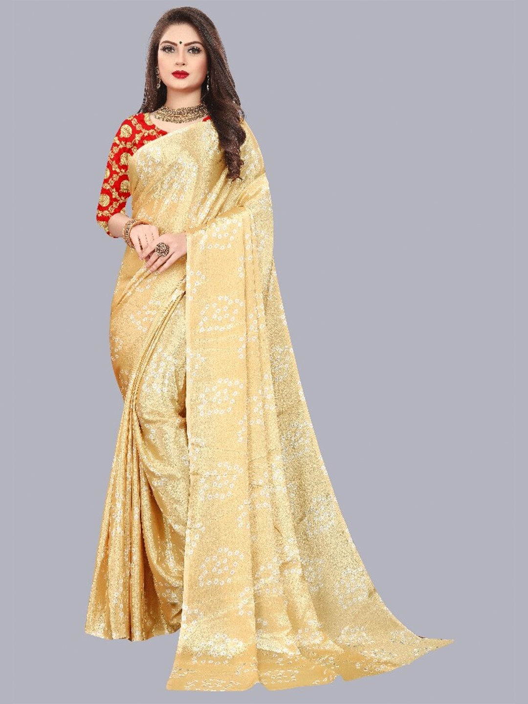 

LAHEJA Beige & White Bandhani Zari Saree