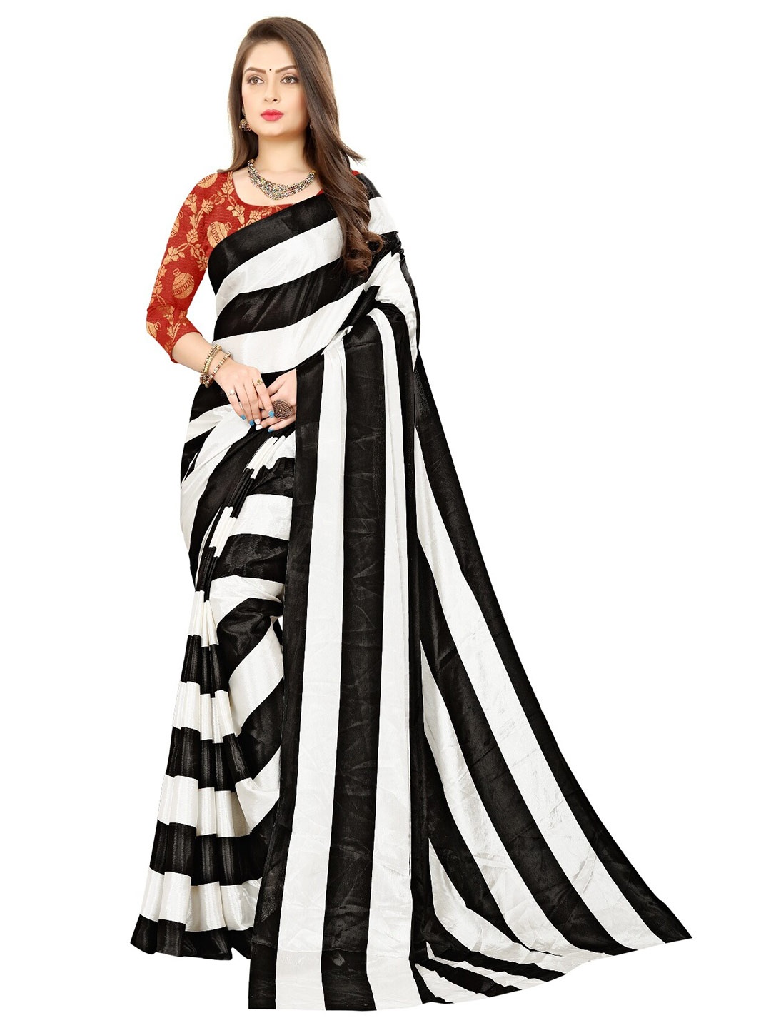 

LAHEJA White & Black Striped Saree