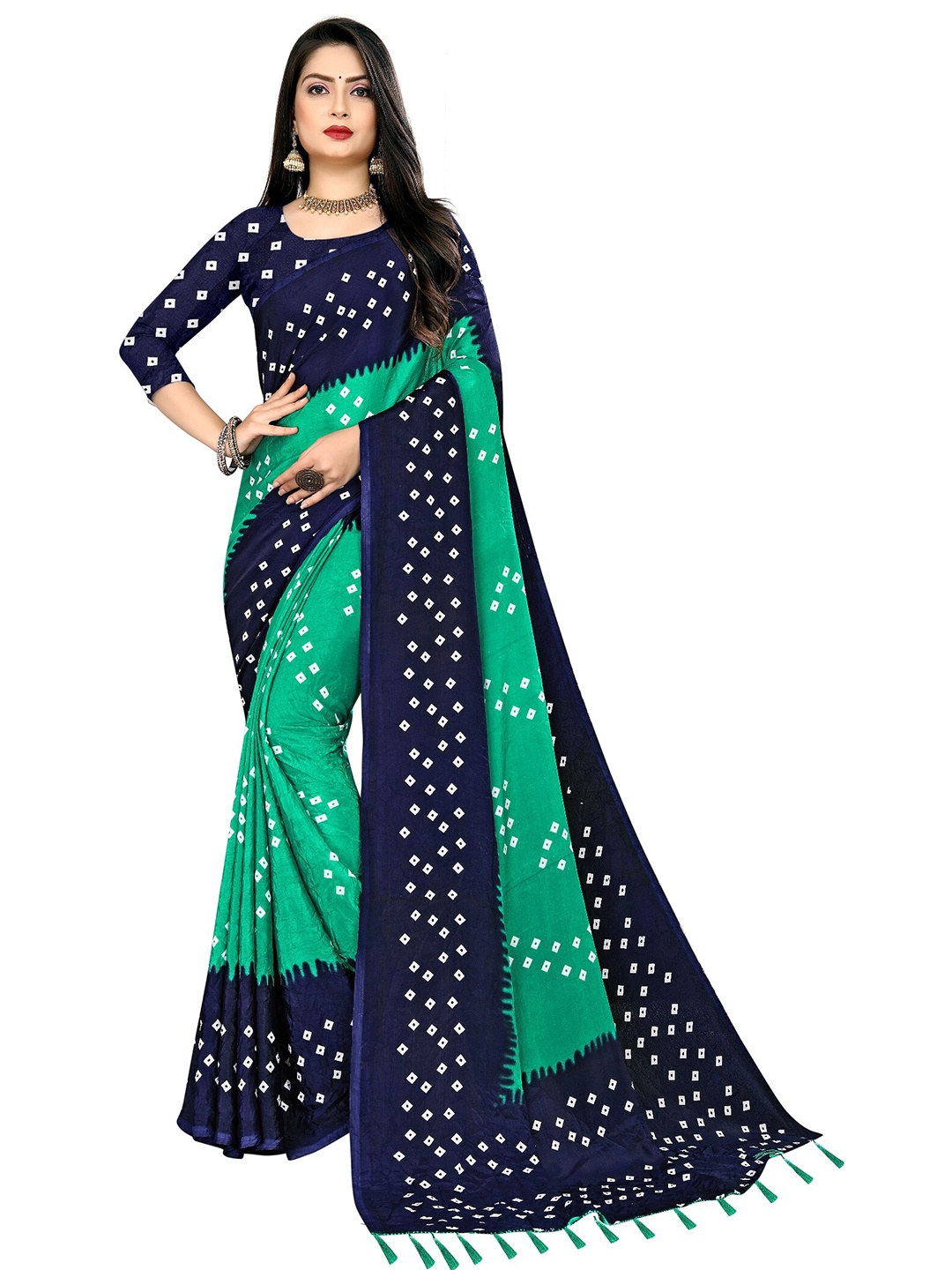 

LAHEJA Green & Navy Blue Bandhani Printed Ploy Silk Saree