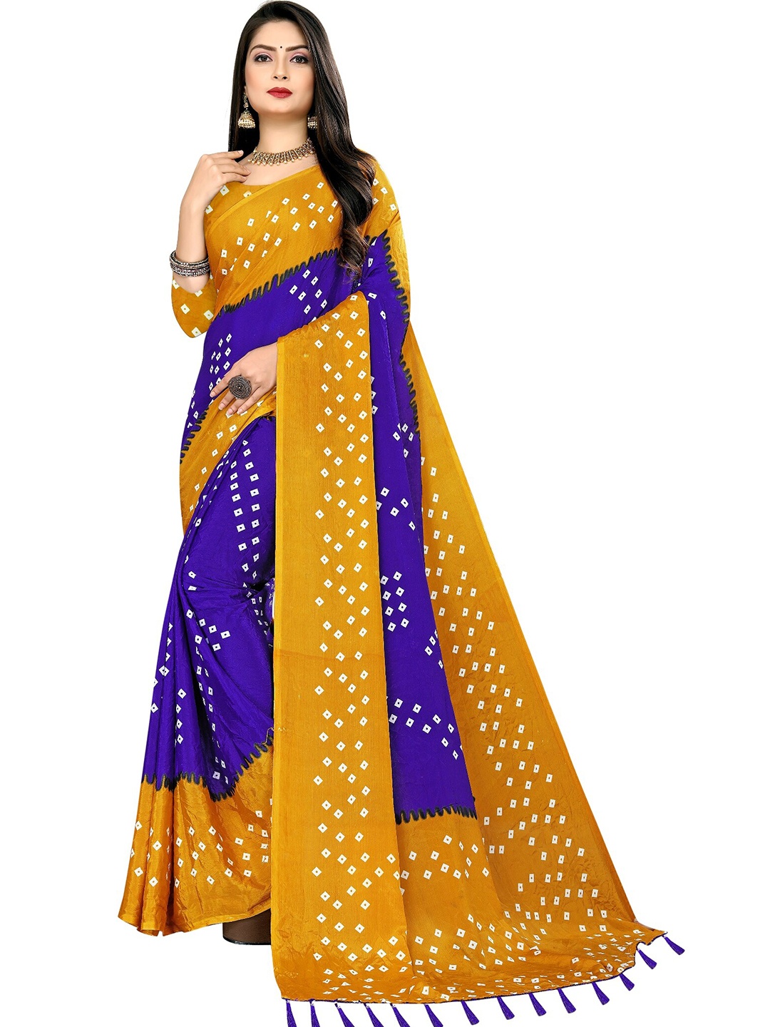 

LAHEJA Blue & Mustard Bandhani Printed Ploy Silk Saree