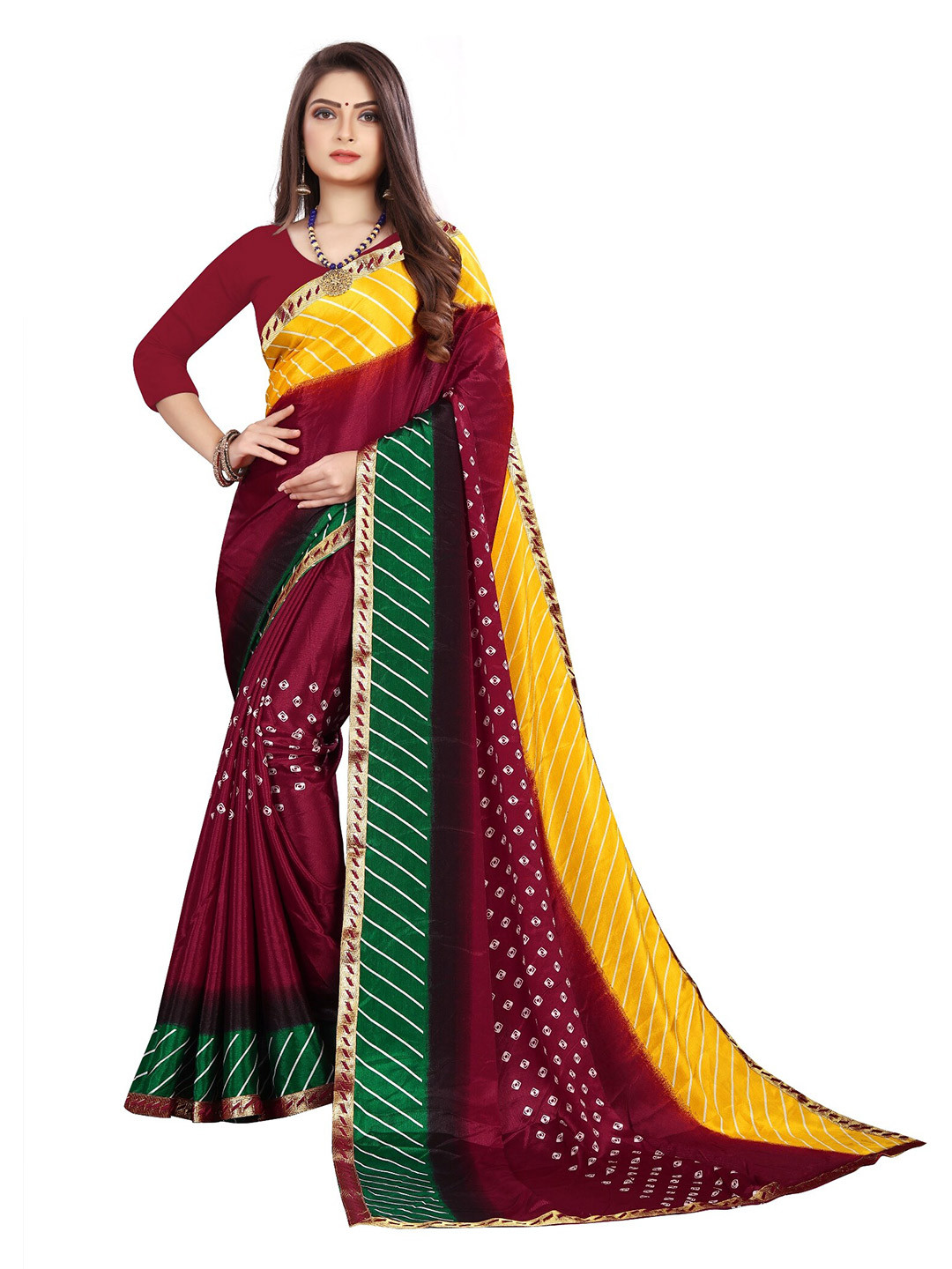 

LAHEJA Maroon & Green Bandhani Printed Ploy Silk Saree