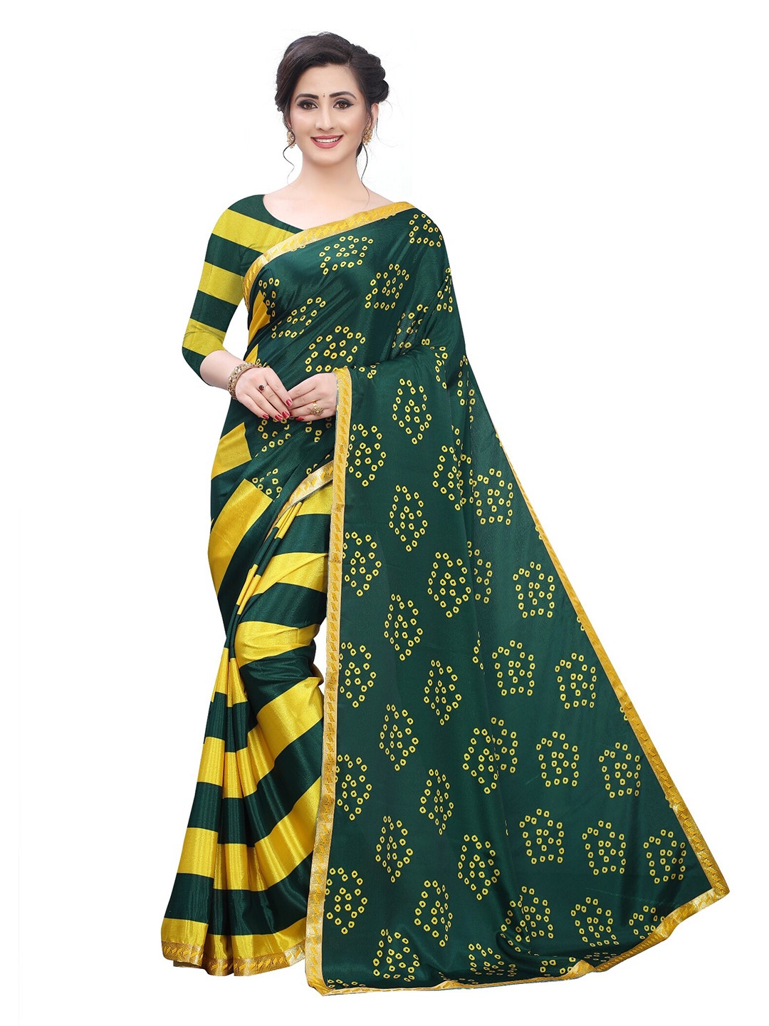 

LAHEJA Green & Yellow Bandhani Printed Ploy Silk Saree