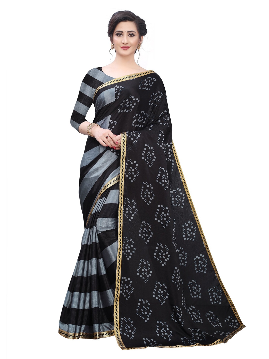 

LAHEJA Black & Grey Bandhani Printed Ploy Silk Saree