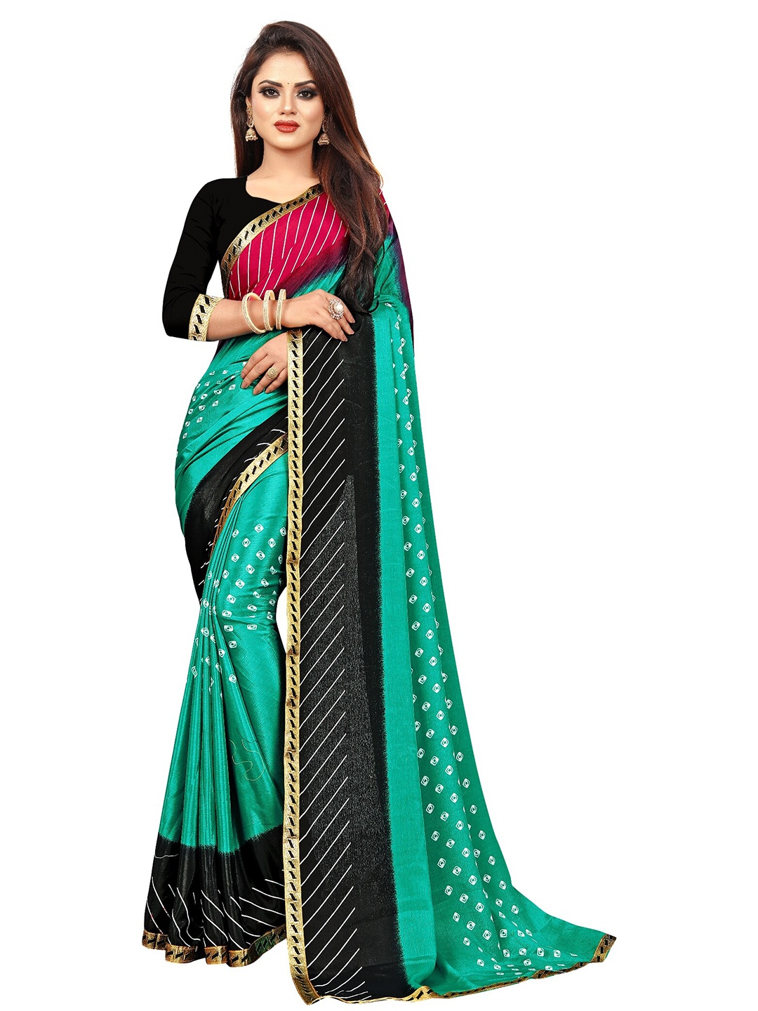 

LAHEJA Green & Black Bandhani Printed Ploy Silk Saree