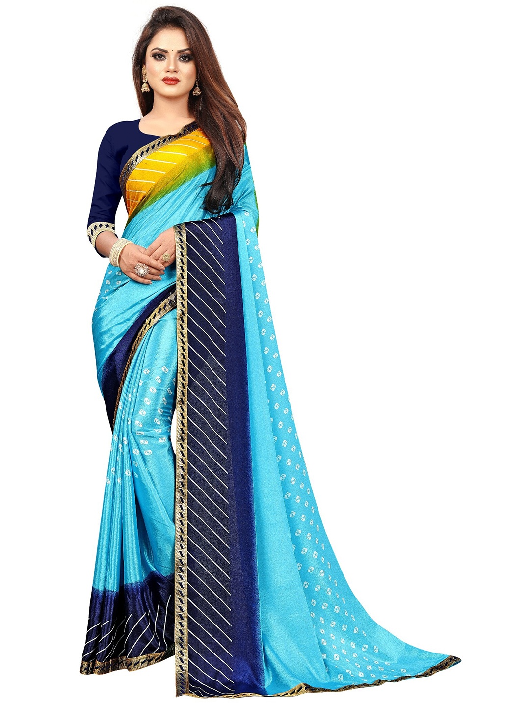 

LAHEJA Blue & Yellow Bandhani Printed Ploy Silk Saree