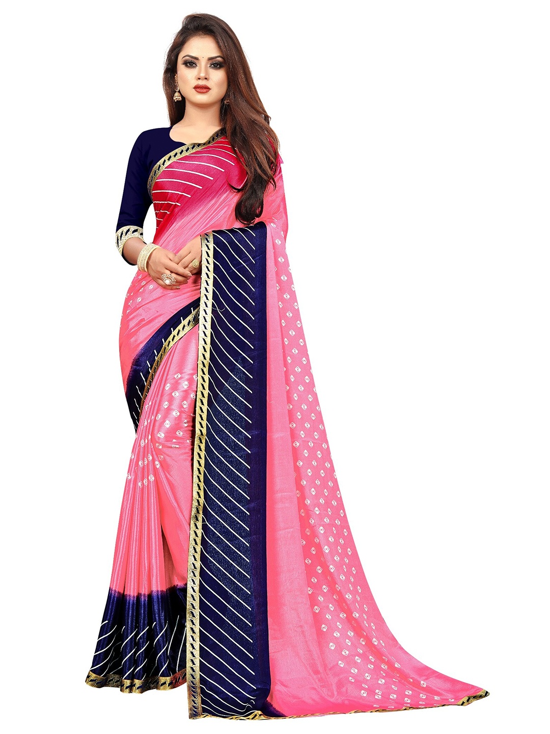 

LAHEJA Pink & Navy Blue Bandhani Printed Ploy Silk Saree