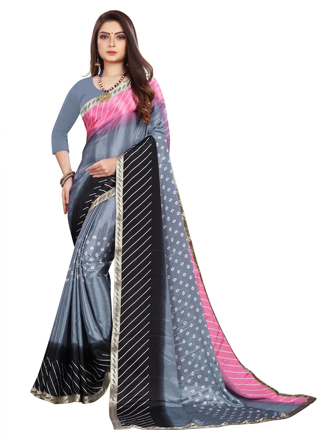 

LAHEJA Grey & Black Bandhani Printed Ploy Silk Saree