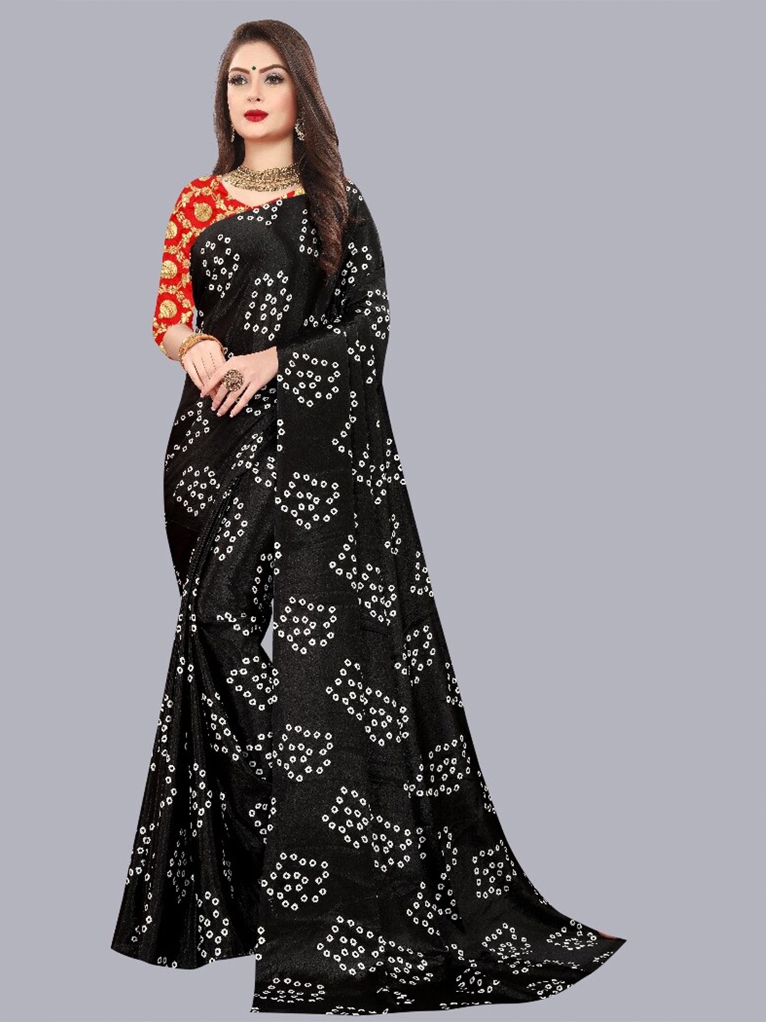 

LAHEJA Black & White Bandhani Printed Ploy Silk Saree