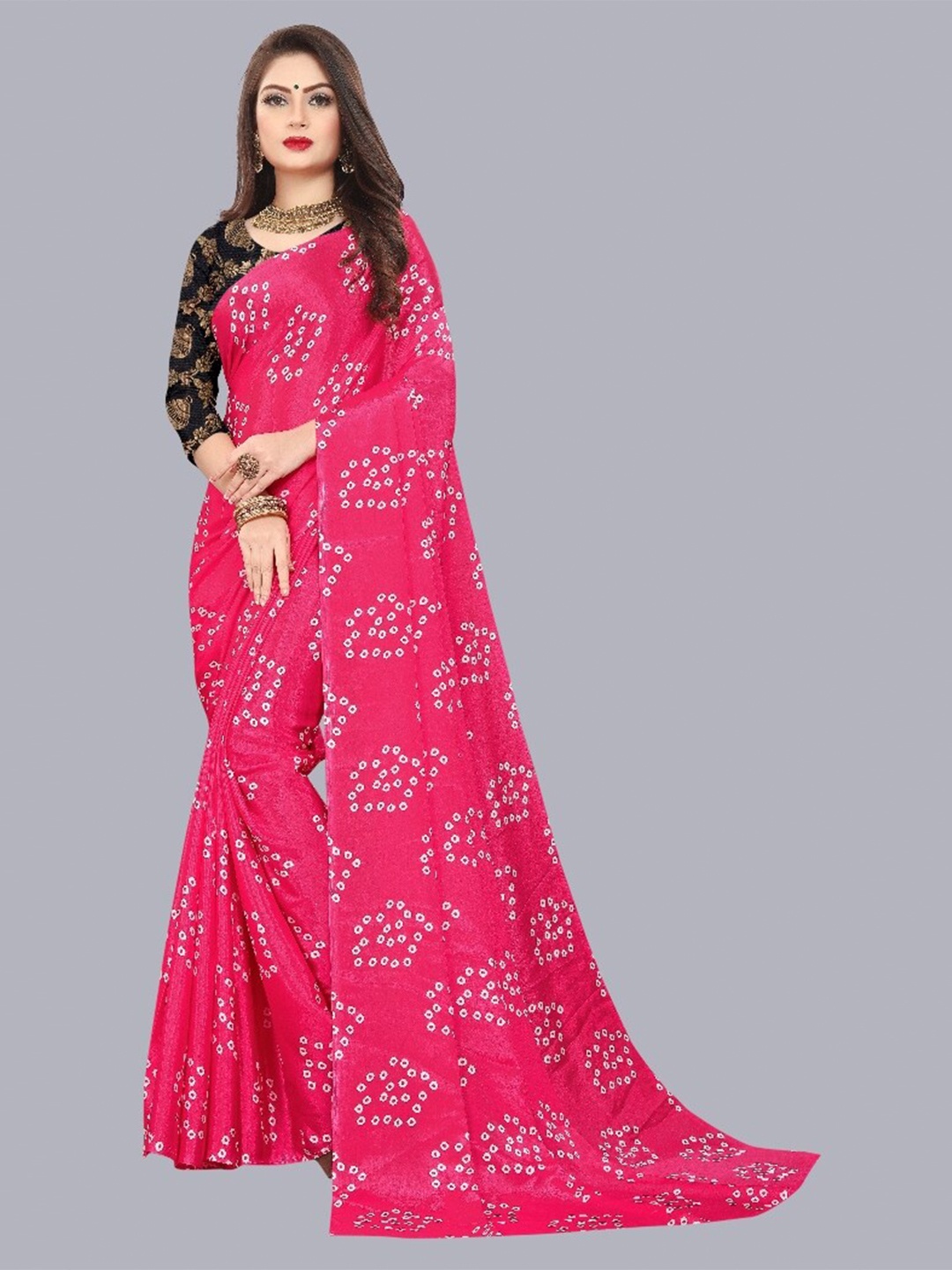 

LAHEJA Pink & White Bandhani Printed Ploy Silk Saree