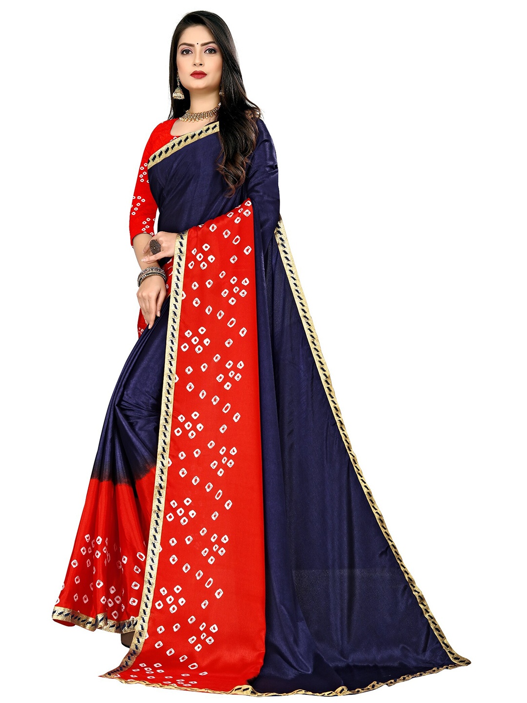 

LAHEJA Navy Blue & Red Bandhani Printed Ploy Silk Saree