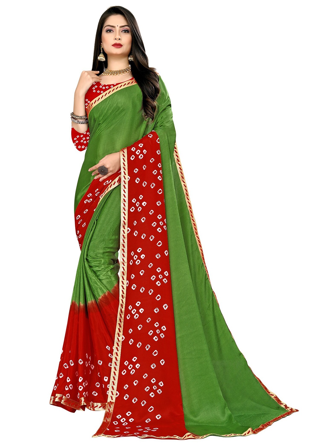 

LAHEJA Green & Red Bandhani Printed Ploy Silk Saree