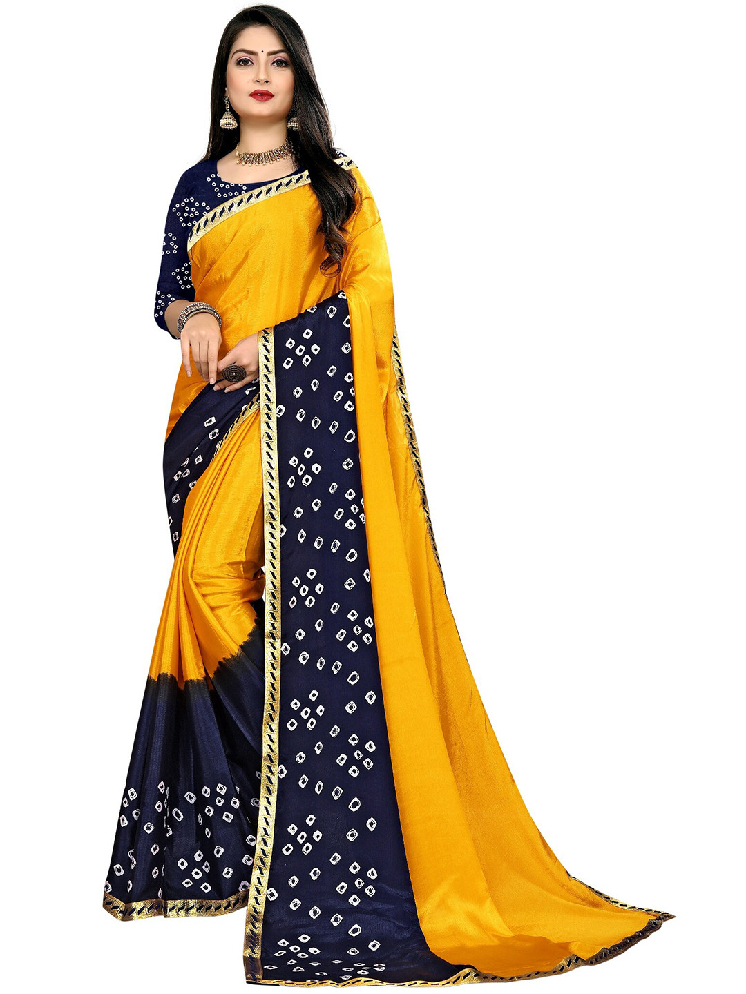 

LAHEJA Yellow & Navy Blue Bandhani Printed Saree