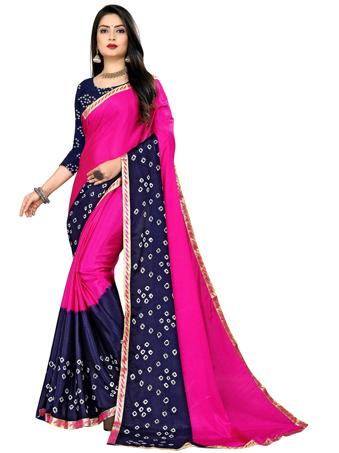 

LAHEJA Pink & Navy Blue Bandhani Printed Saree