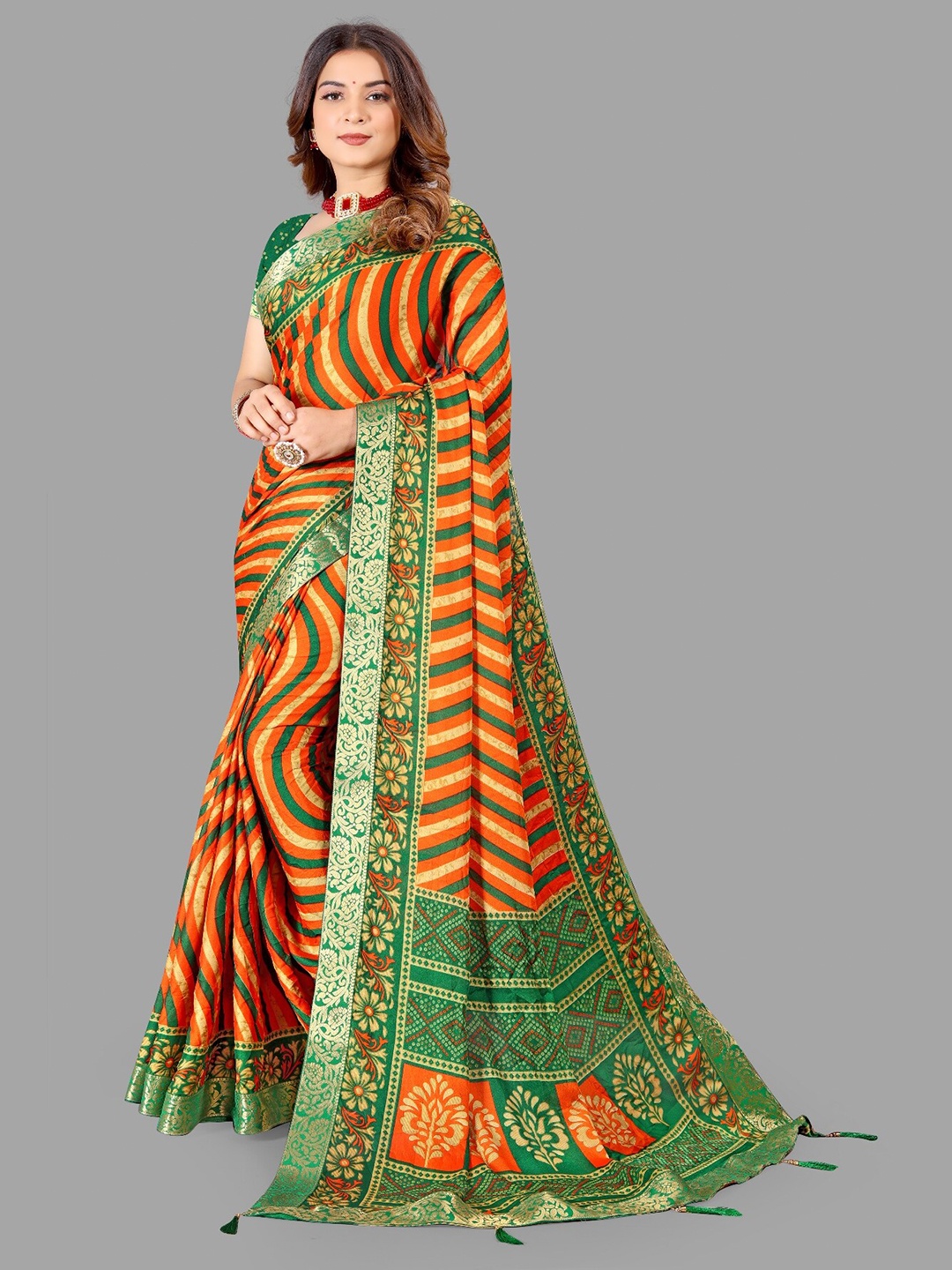 

LAHEJA Women Orange & Green Striped Saree