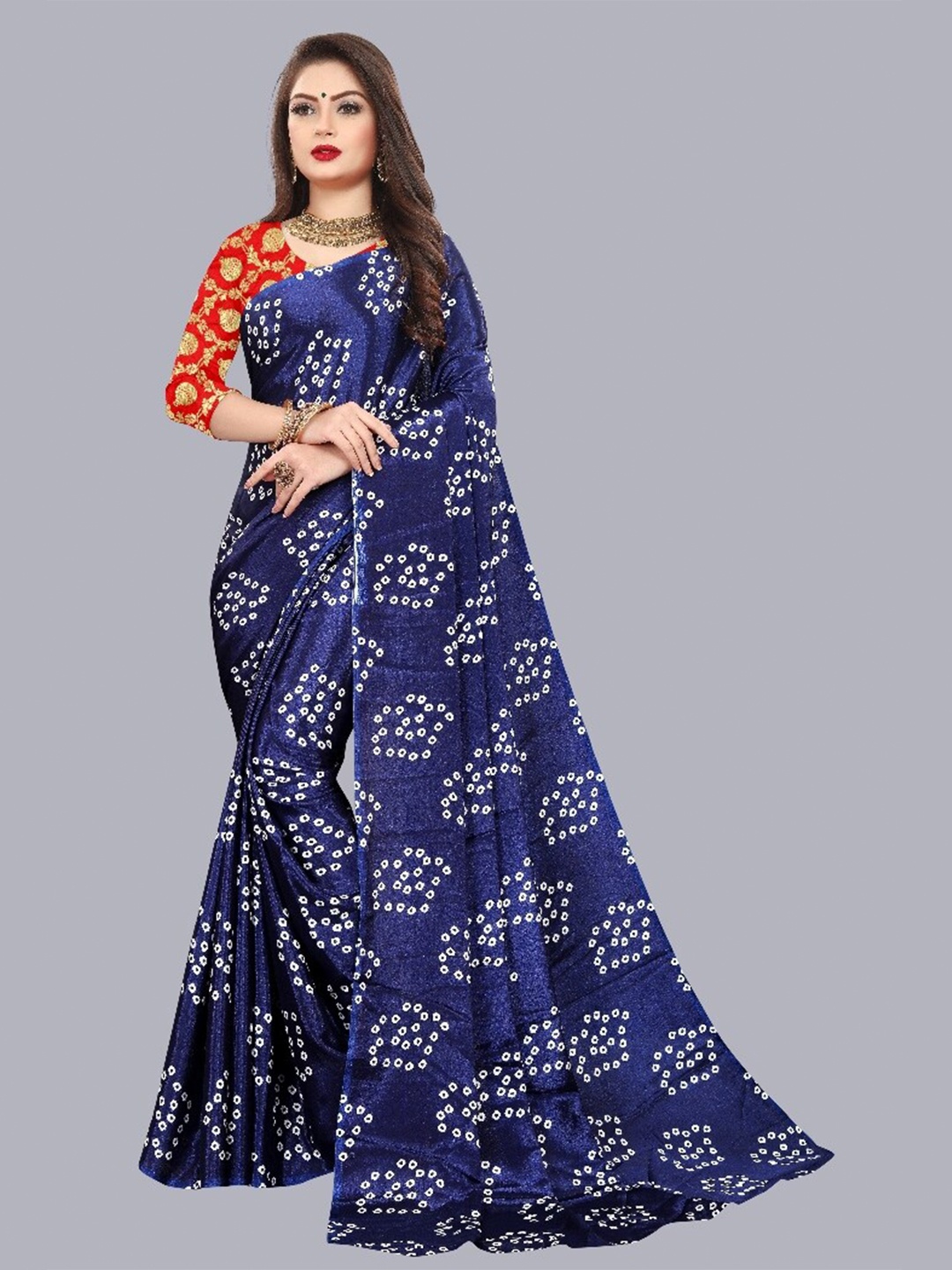 

LAHEJA Navy Blue & White Bandhani Printed Ploy Silk Saree