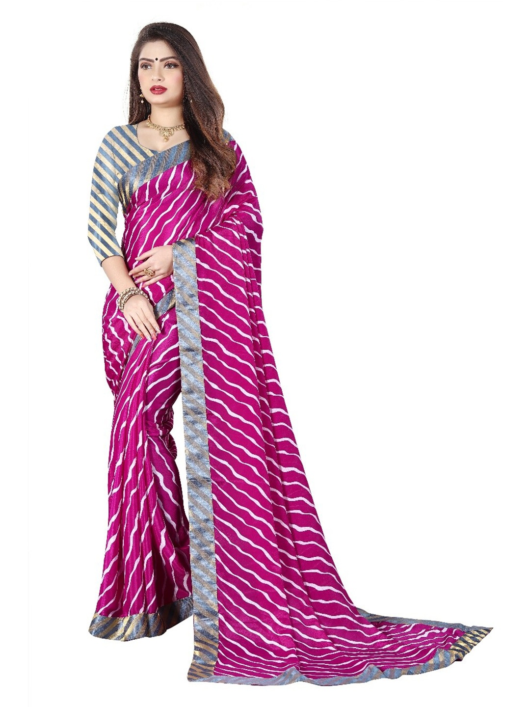

LAHEJA Pink & White Leheriya Printed Saree