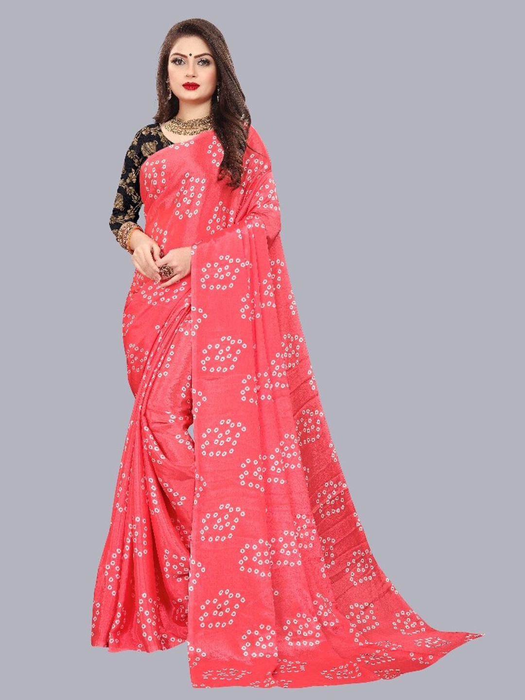 

LAHEJA Peach-Coloured & White Bandhani Printed Ploy Silk Saree