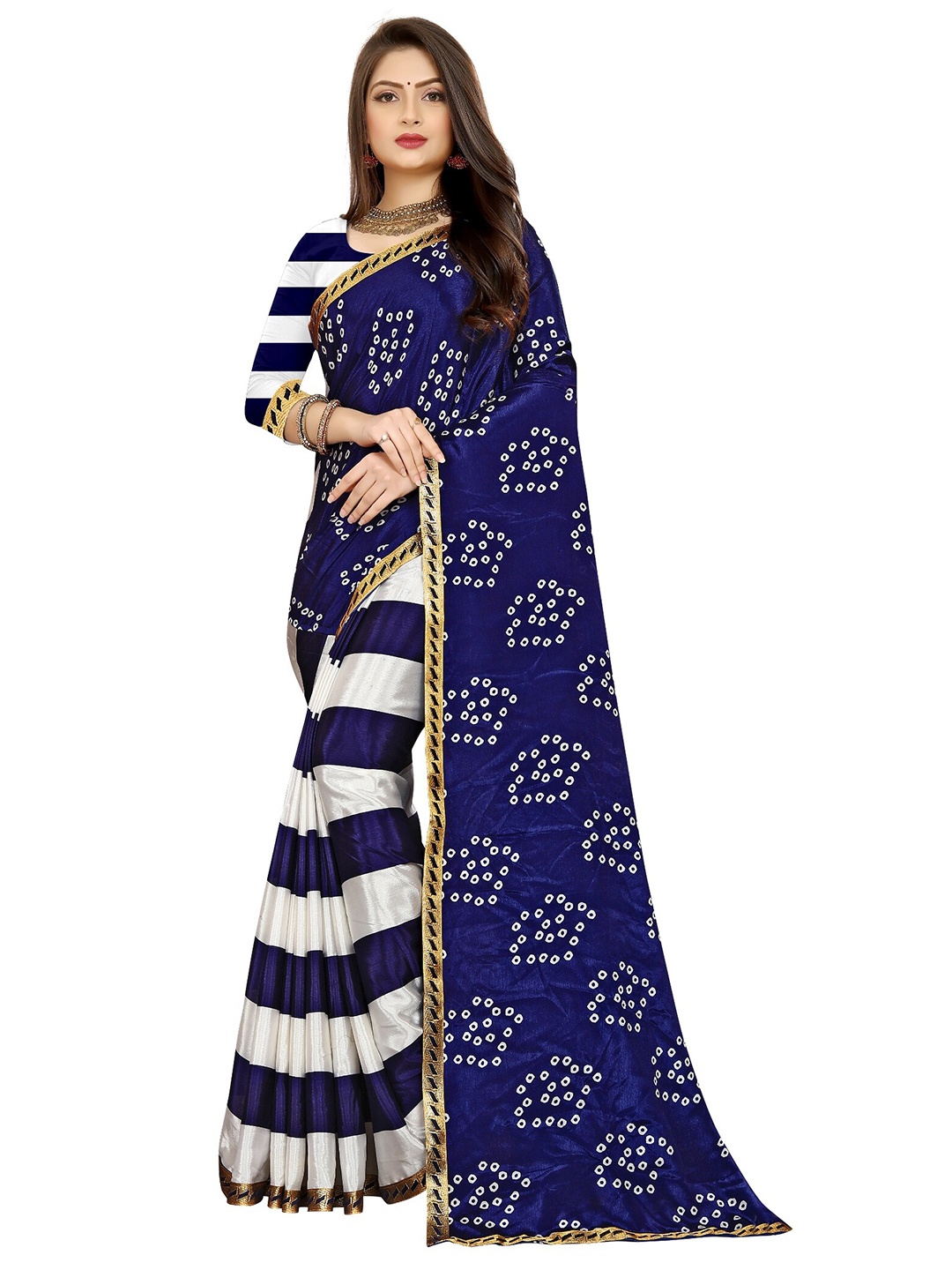 

LAHEJA Navy Blue & White Bandhani Printed Saree