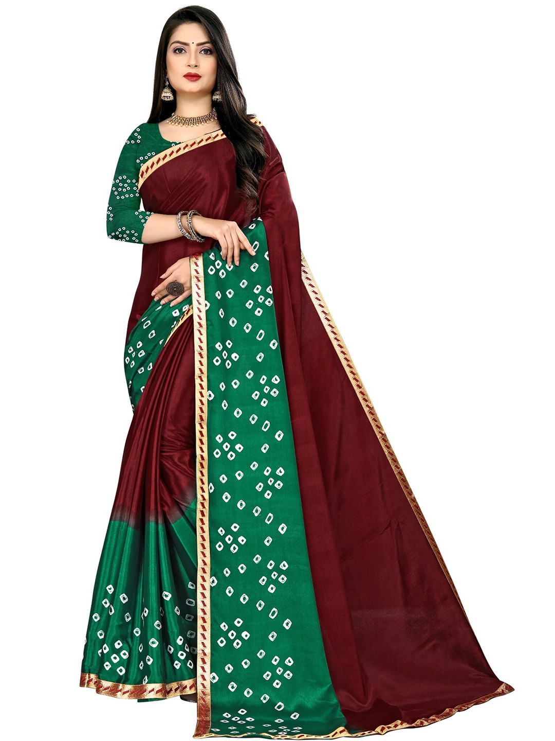 

LAHEJA Maroon & Green Bandhani Printed Saree
