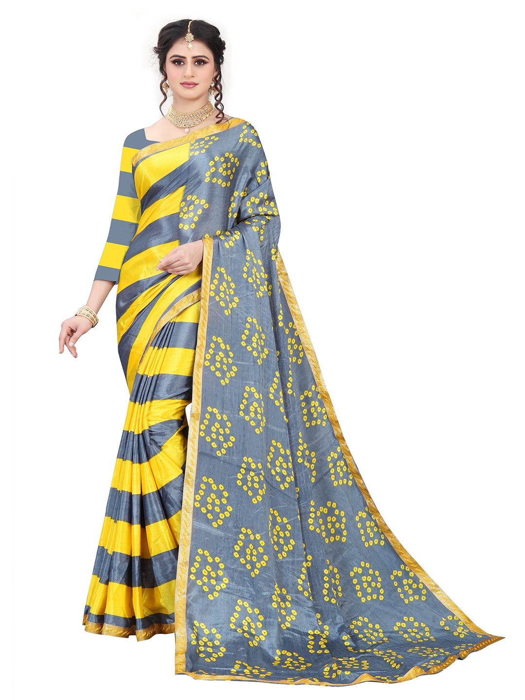 

LAHEJA Yellow & Grey Striped Saree