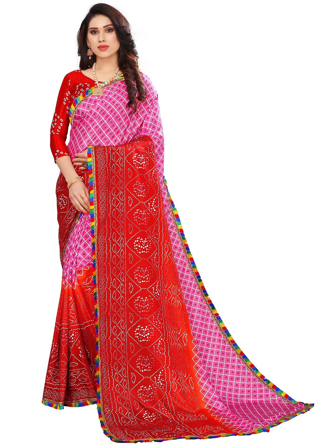 

LAHEJA Pink & Red Bandhani Printed Ploy Silk Saree