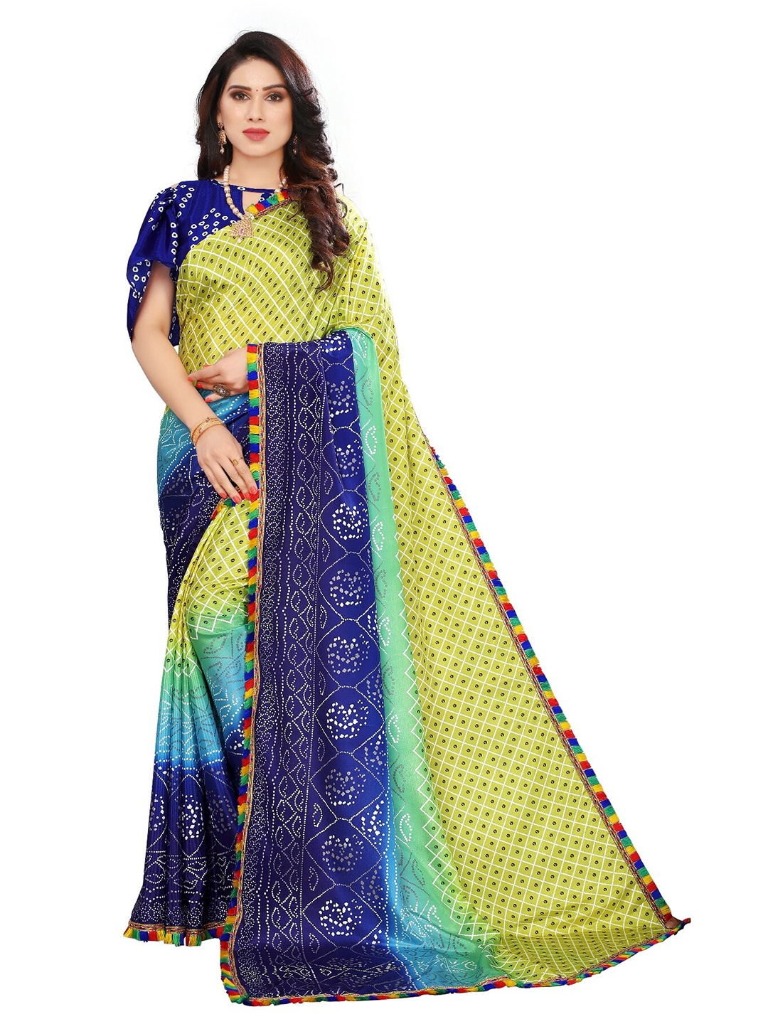 

LAHEJA Green & Blue Bandhani Printed Ploy Silk Saree