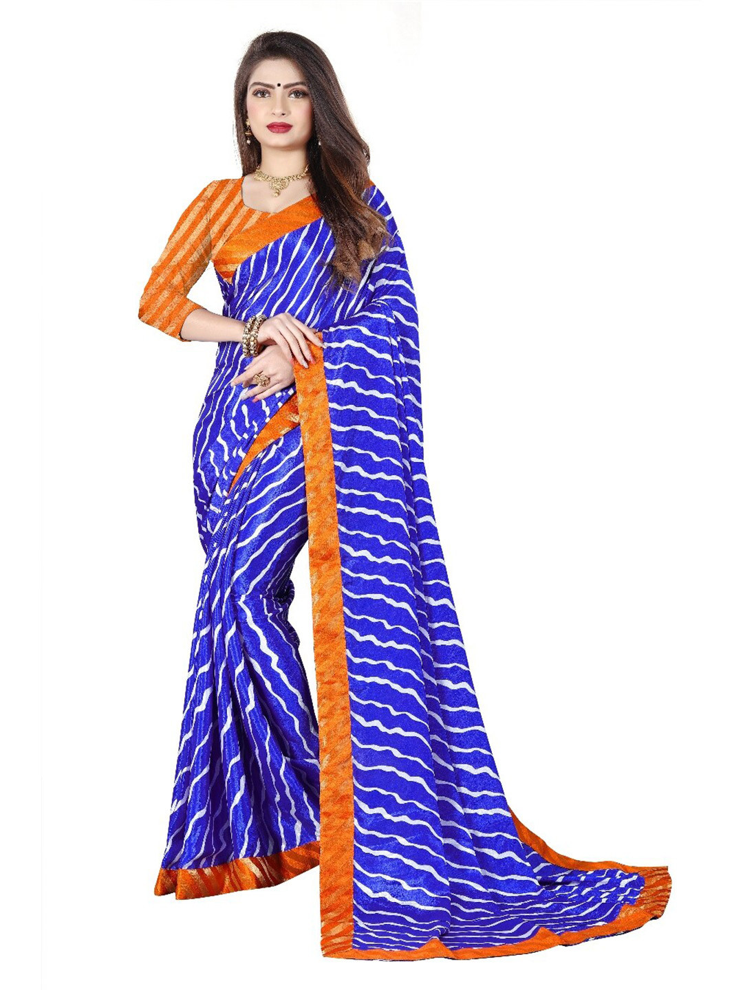 

LAHEJA Blue & White Leheriya Printed Saree
