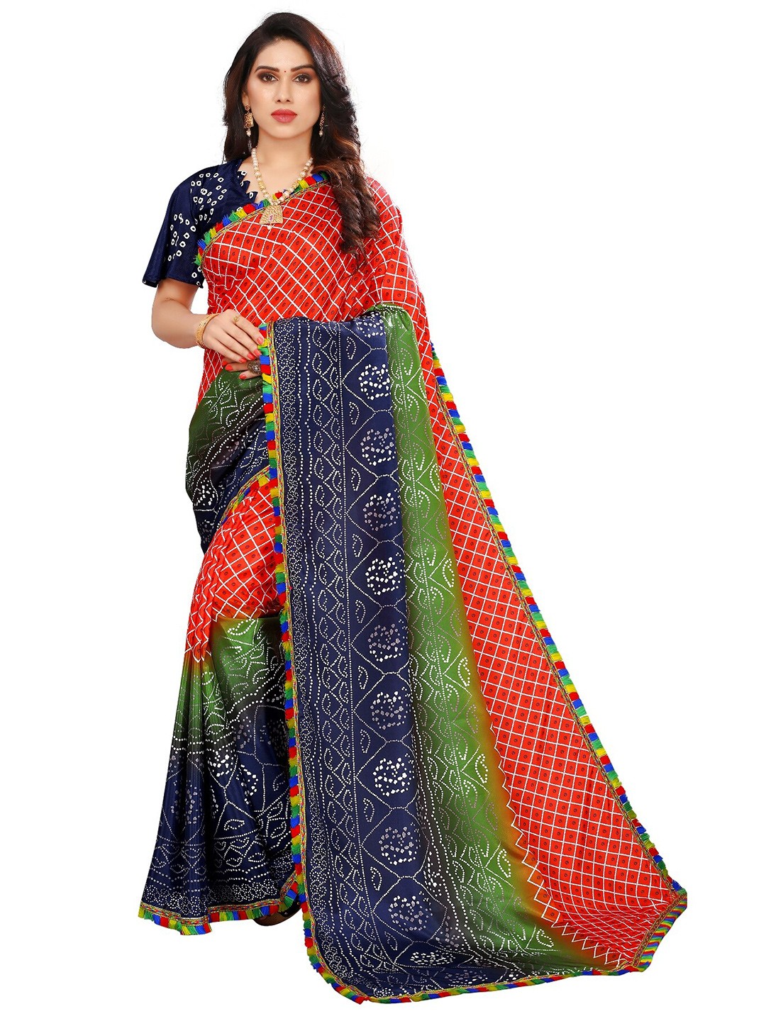 

LAHEJA Red & Navy Blue Bandhani Printed Ploy Silk Saree