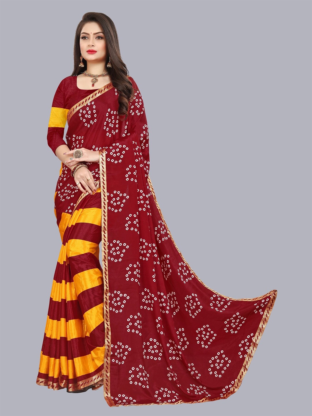 

LAHEJA Maroon & Yellow Bandhani Printed Ploy Silk Saree