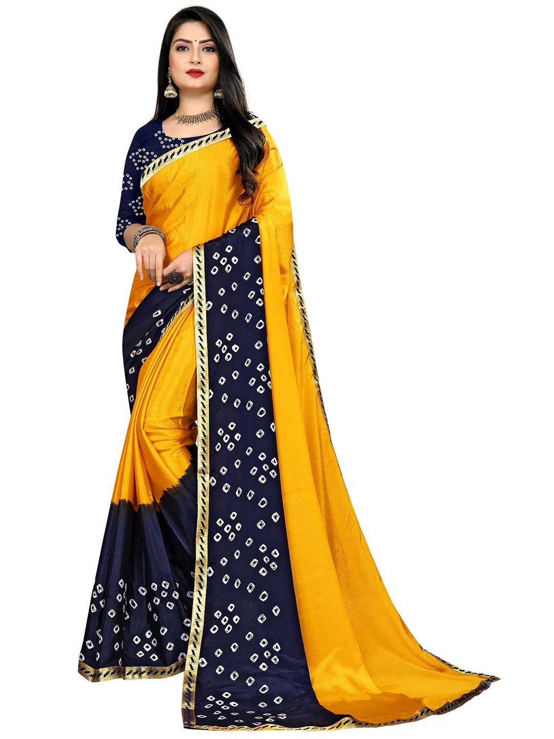 

LAHEJA Yellow & Navy Blue Bandhani Printed Ploy Silk Saree