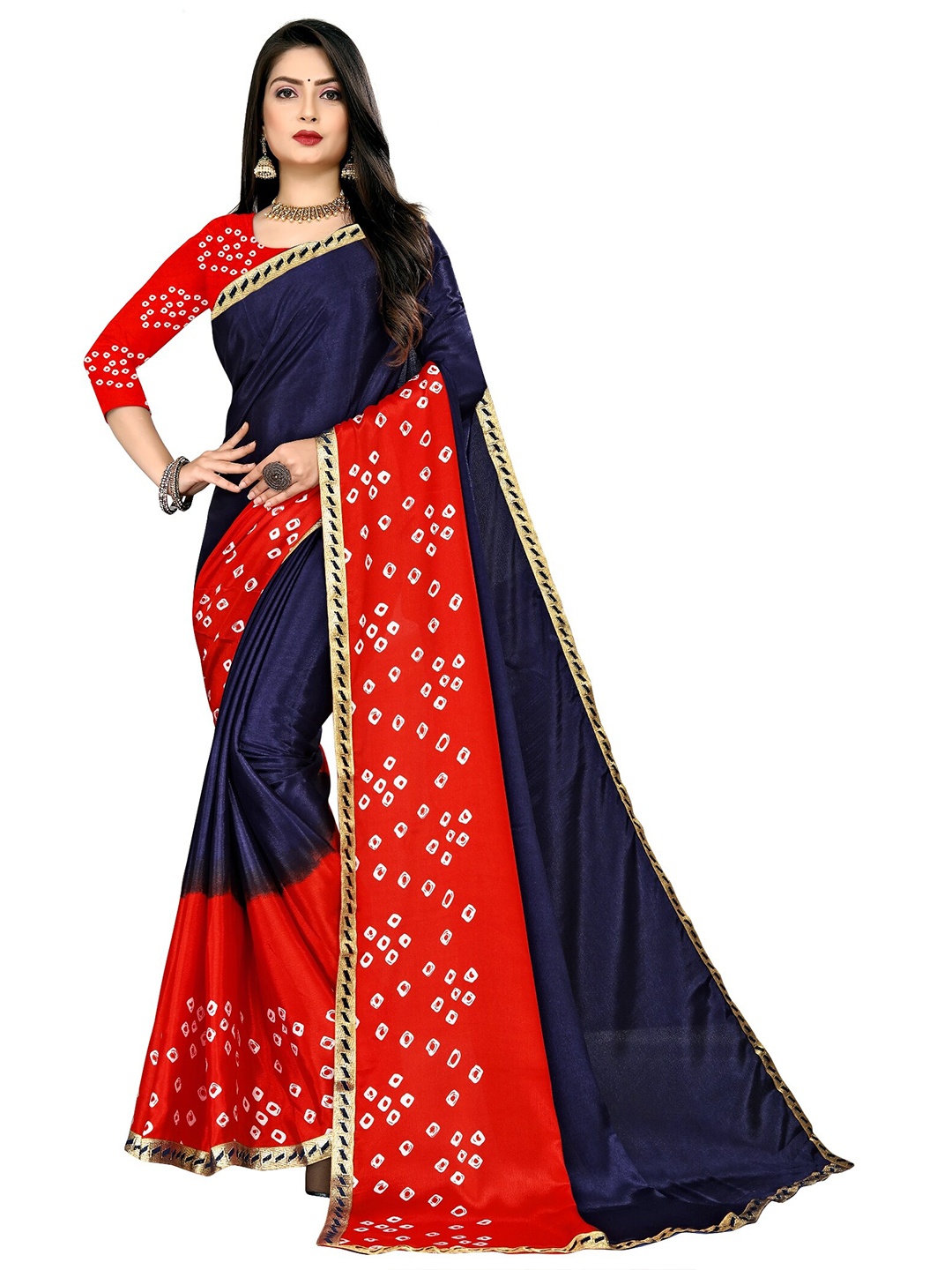 

LAHEJA Navy Blue & Red Bandhani Printed Ploy Silk Saree