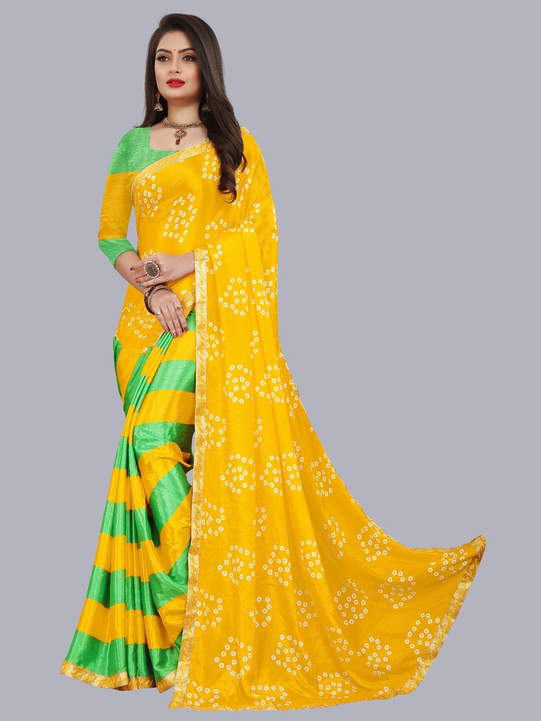 

LAHEJA Green & Yellow Bandhani Printed Ploy Silk Saree