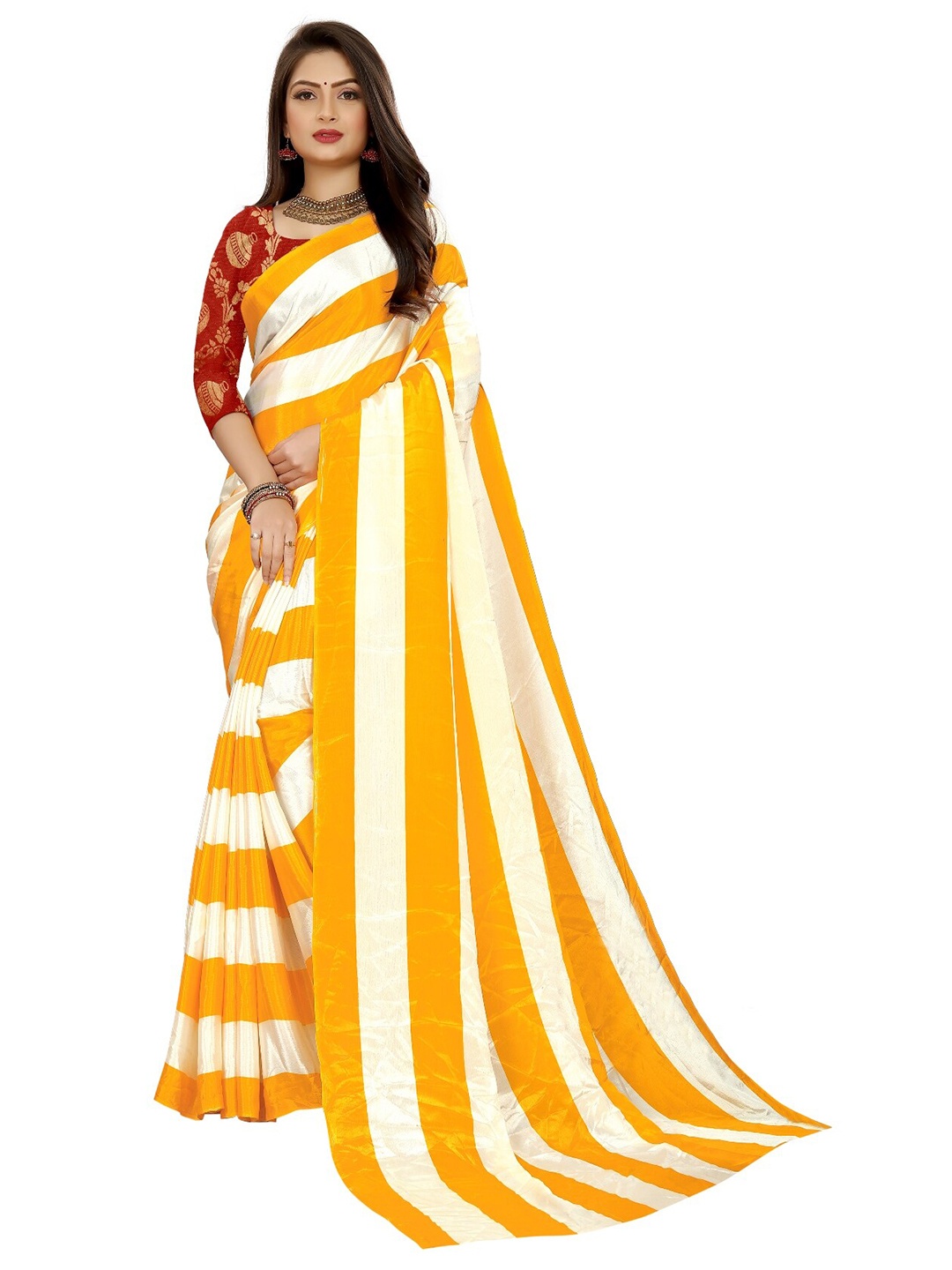 

LAHEJA Women Yellow & White Striped Saree