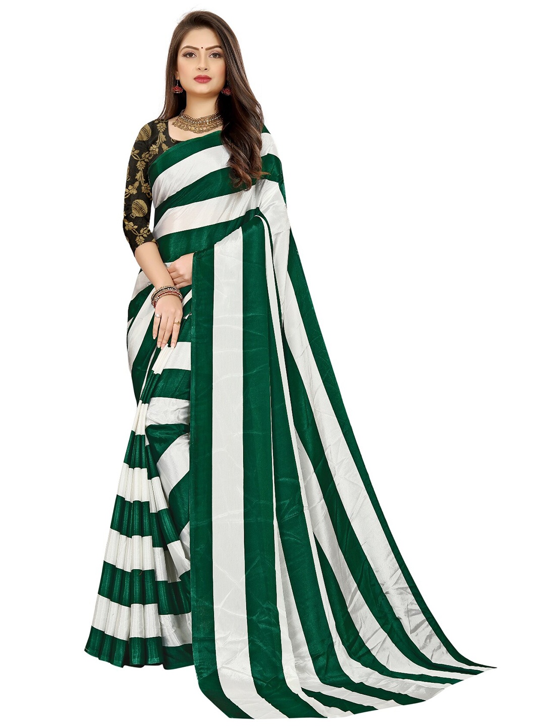 

LAHEJA Women Green & White Striped Ploy Silk Saree