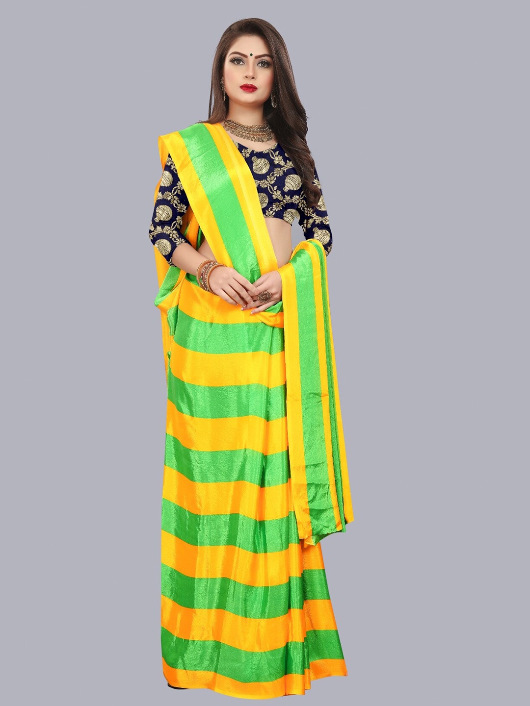 

LAHEJA Women Green & Yellow Striped Ploy Silk Saree