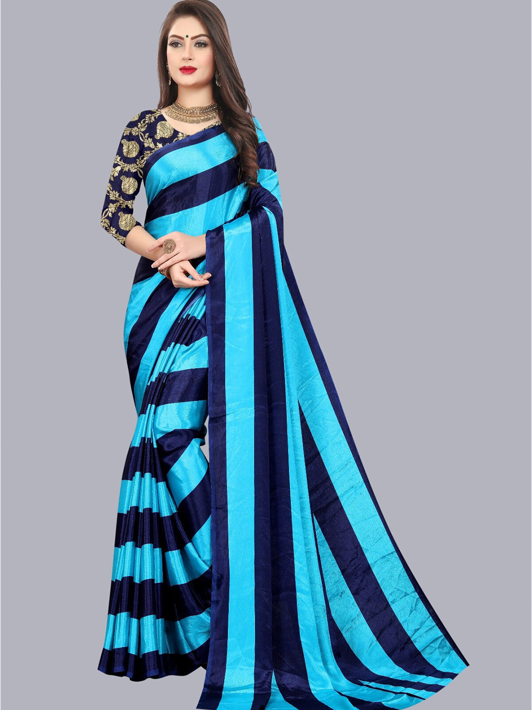 

LAHEJA Blue & Navy Blue Striped Ploy Silk Saree